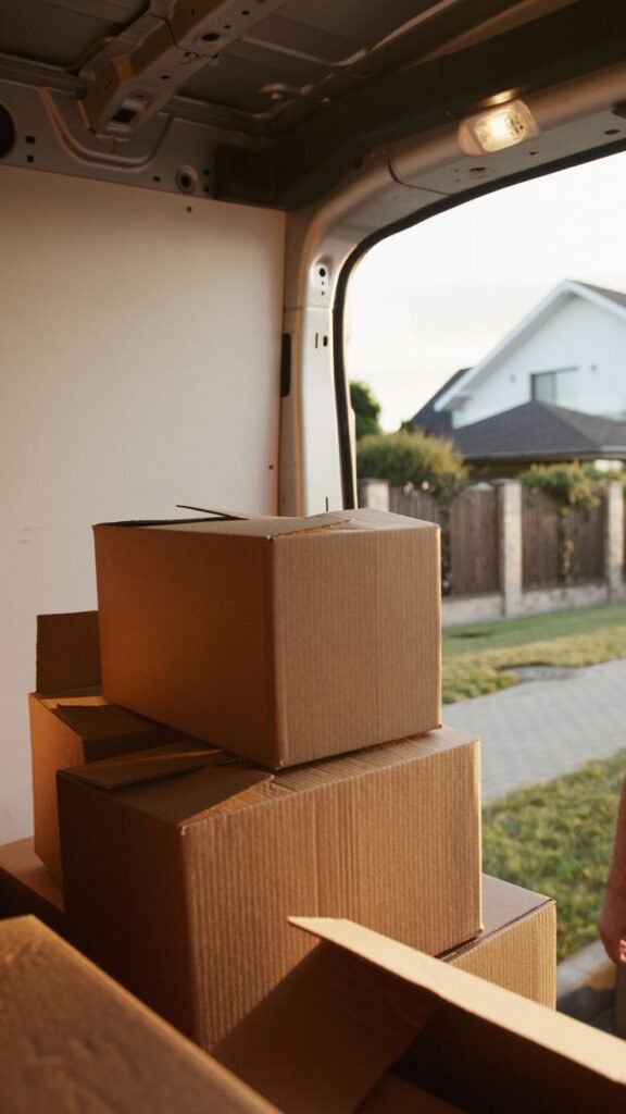 Mastering the First Impression: Your intriguing post title goes here View inside a delivery van with stacked cardboard boxes ready for moving.